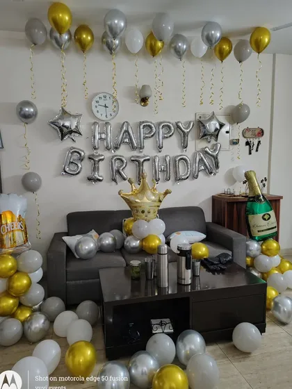 The full living room setup for the birthday celebration.