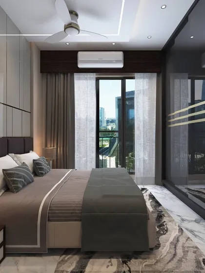Another angle of the bedroom concept, showing the view from the window and the placement of the air conditioning unit. We plan for all practical elements in our 3D designs.