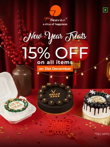 End the year with dessert first. Our New Year's Eve offer includes a variety of cakes, from a mini bento cake to a "Hello 2026" clock cake and a blueberry drip cake.