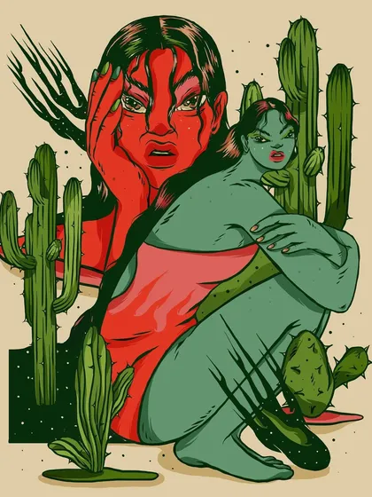 This artwork represents anger and abrasion through prickly cacti and a confrontational, red-hued figure. The contrast between the defensive, spiky elements and the raw emotion on the figures' faces creates a tense, charged ecosystem.