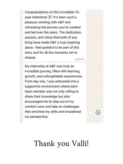 Thank you, Valli, for this incredible message. We are so glad her internship was a journey of learning and growth, and we are proud to have been part of her story.