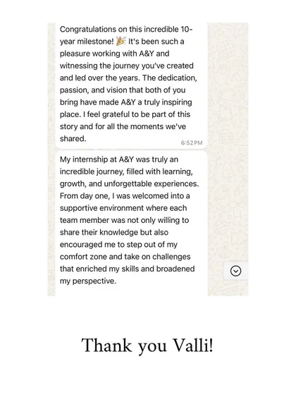 Valli's note on her "incredible journey" with us, filled with learning and growth. We always encourage our team to step out of their comfort zone and take on new challenges.