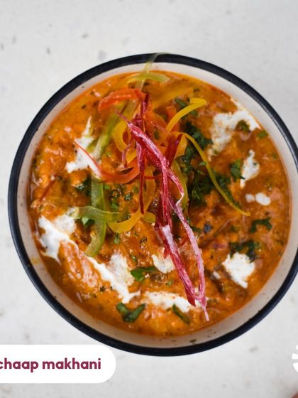 For my vegetarian diners, I present the Soya Chaap Makhani. Tender chunks of soya are simmered in a thick, creamy tomato gravy, offering a wonderful alternative to paneer dishes.