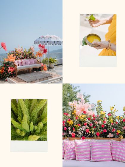 A collage of the vibrant decor from a Kasauli Haldi, featuring colorful flowers and stylish seating arrangements.