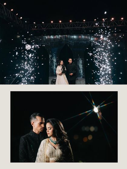 The climax of the ring ceremony, captured with a backdrop of fireworks. This shot freezes a moment of pure celebration, showcasing the grand scale and festive energy we love to document.