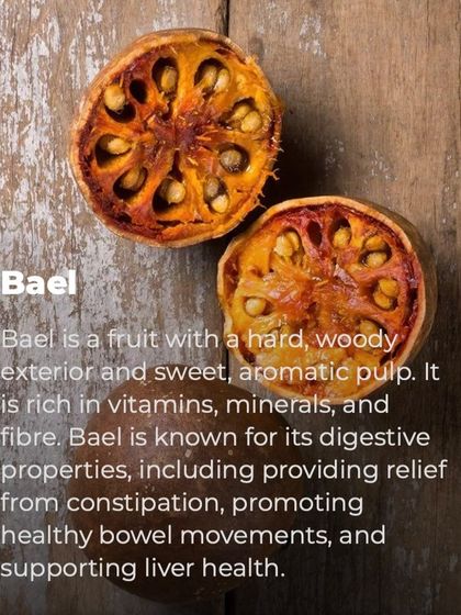 Bael fruit has a hard exterior but a sweet, aromatic pulp inside. It is very rich in fiber and well known for its digestive properties, providing relief from constipation and supporting liver health.