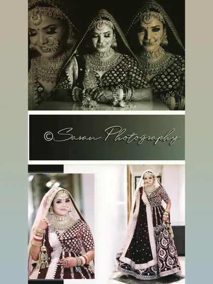 A collage of bridal portraits in a dark, moody theme, showcasing her in a beautiful maroon lehenga.