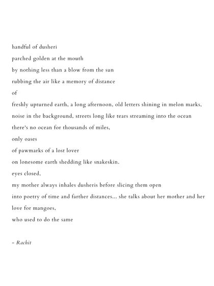 'dusheri'. A poem about mangoes, memory, and mothers, connecting the taste of a fruit to generations of love.