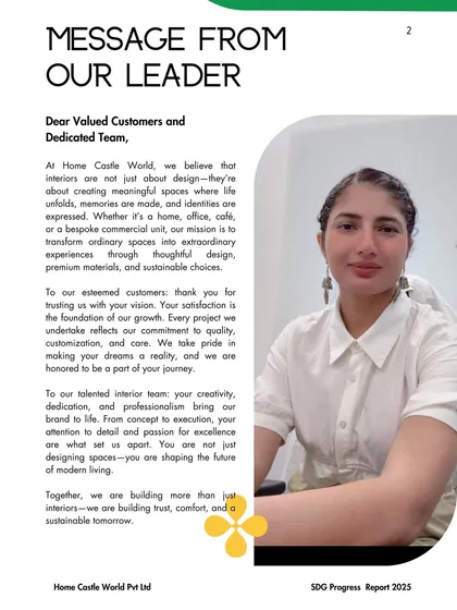 A message from me in our SDG Progress Report. I share our mission to transform ordinary spaces into extraordinary experiences through thoughtful design, premium materials, and sustainable choices.