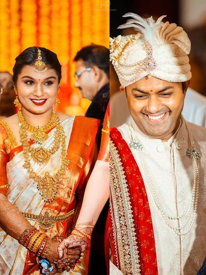 A diptych showing the bride's elegance and the groom's happiness as they hold hands after the ceremony.