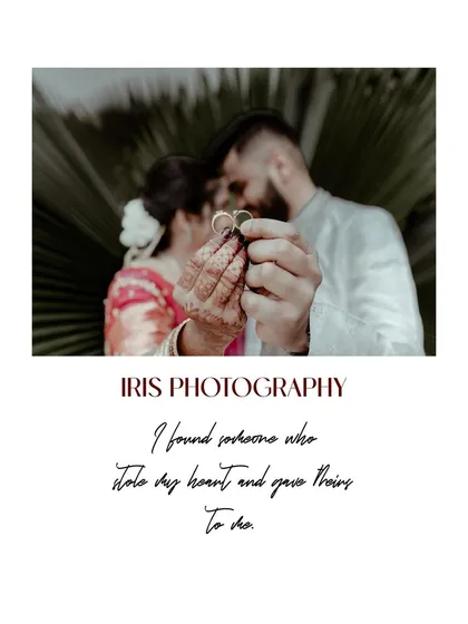 A romantic, slightly blurred photo of the couple holding their rings, with a quote about finding the one. This style creates a dreamy, emotional effect.