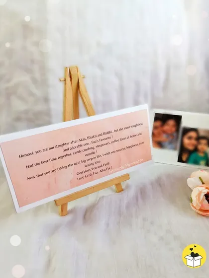 The beautiful message card for the bride, displayed proudly on the easel. These notes make the gift truly unforgettable.