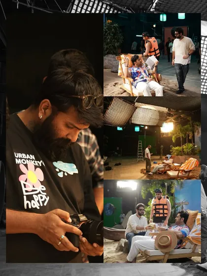 A collage of on-set moments from the Cleartrip ad, showing the crew, talent, and the beach set we helped light.