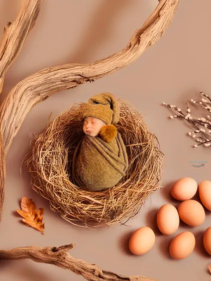 My studio is filled with creative props to bring imaginative concepts to life. This nature-inspired theme features a cozy bird's nest, earthy tones, and rustic branches for a truly unique newborn picture.