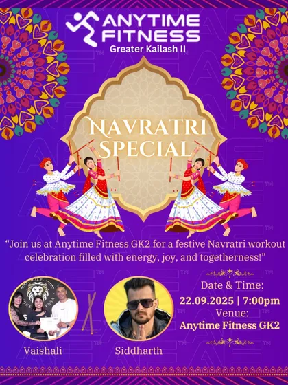 An announcement for our festive Navratri workout celebration with coaches Vaishali and Siddharth.