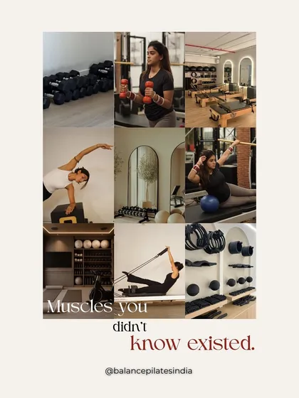 Welcome to my studio! This collage gives you a peek at the different equipment we use, from reformers to dumbbells, and the variety of exercises we do. It's all here to help you discover muscles you didn't know existed.