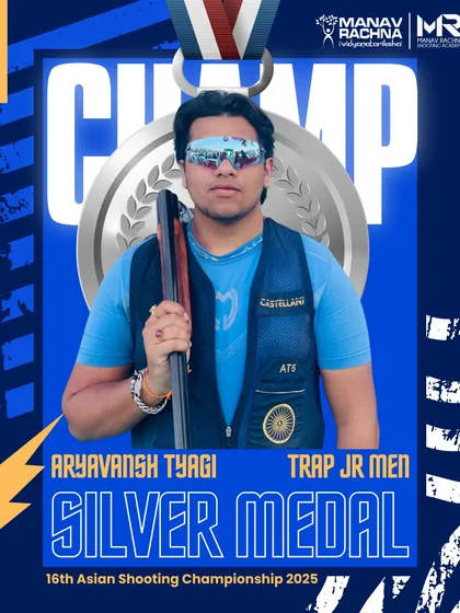 We celebrate the individual achievements of our athletes. This graphic highlights Aryavansh Tyagi's Silver Medal win in the Trap Junior Men category at the 16th Asian Shooting Championship.