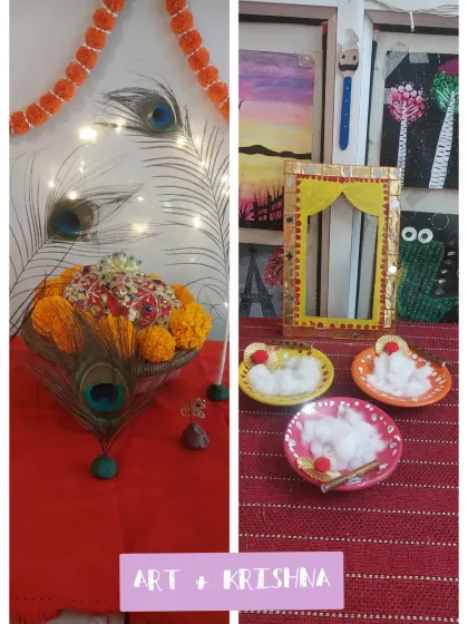 The beautiful setup for our Janmashtami workshop, complete with peacock feathers, marigolds, and handmade crafts. We believe in creating an immersive experience for the kids.