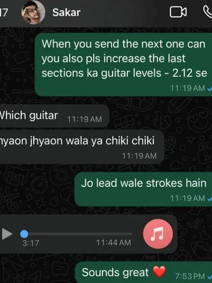 Communication with my production team is key. This chat shows how I give specific, feel-based feedback, like asking for more "jhyaon jhyaon" or "chiki chiki" guitar, to get the exact sound I envision.