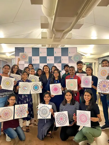 Look at all these amazing masterpieces. This is from a two-day corporate workshop where employees got to dive deep into the meditative process of coloring mandalas.