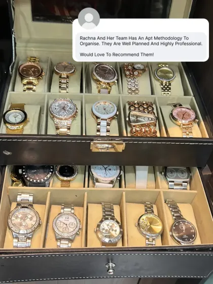 This client's collection of watches was beautifully organized into a multi-level case. Our well-planned and professional methodology ensures every item has its perfect place.