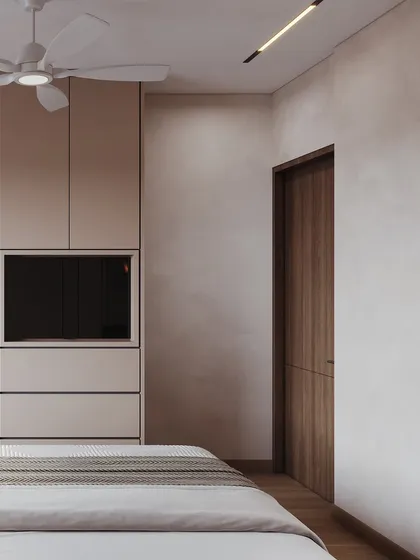 A shot of the integrated TV unit within the wardrobe, a space-saving design solution that my visualization clearly communicates.