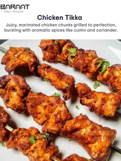 A timeless classic, our Chicken Tikka features juicy, marinated chicken chunks grilled to perfection, bursting with aromatic spices like cumin and coriander.