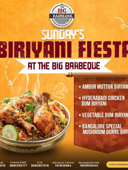 Sundays are for our special Biriyani Fiesta. We serve a rotating menu of regional favorites, including Hyderabadi Chicken Dum Biryani and Bangalore Special Mushroom Donne Biryani, cooked to perfection.