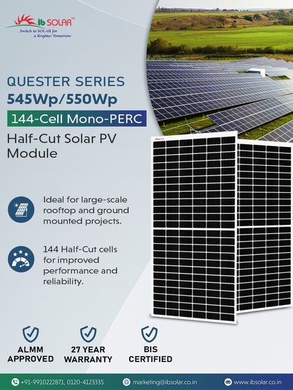 The Quester Series 144-Cell Mono-PERC module is a reliable choice for large-scale projects. ALMM approved, BIS certified, and backed by a 27-year warranty, these 545Wp/550Wp panels ensure long-term performance and peace of mind.