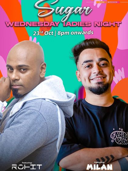 A colorful, retro-themed flyer for a Wednesday Ladies Night.