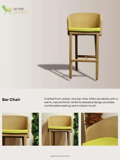 This graphic provides a complete overview of our wicker bar chair, showing it from different angles and highlighting its natural finish and durable construction.