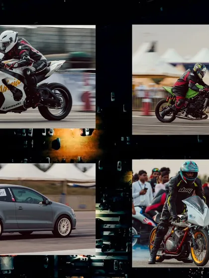 This collage captures the essence of drag racing with shots of superbikes, custom-built dragsters, and a modified Volkswagen Polo all launching off the line.