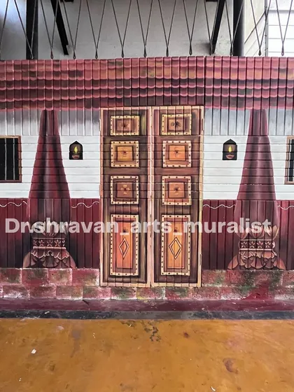 A full view of the traditional Indian village house mural. The detail on the doors and tiled roof makes it look incredibly realistic.