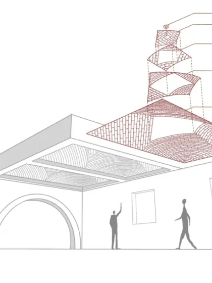 This exploded diagram breaks down the complex geometry of a Mexican dome. It shows the tiered brick orientations required to achieve the final form, showcasing the technical precision and planning that goes into our structural designs.