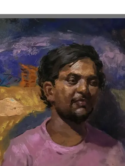 An oil on canvas portrait titled "व्यक्ती आणि चित्र" (Person and Painting), where I used thick, impasto brushstrokes for a textured effect.