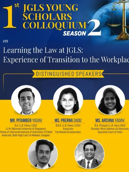 A promotional graphic for the JGLS webinar where I spoke alongside other distinguished alumni. I believe in giving back to the next generation of legal professionals.