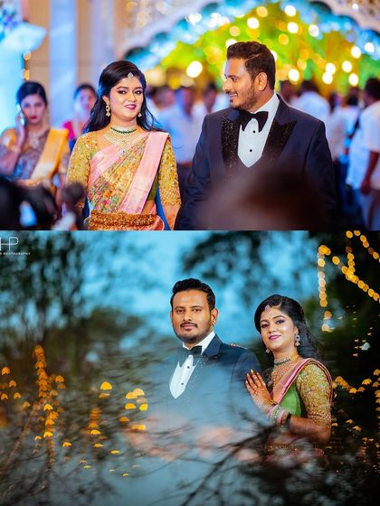 A mix of a candid walking shot and an artistic portrait with beautiful bokeh lights at the reception.