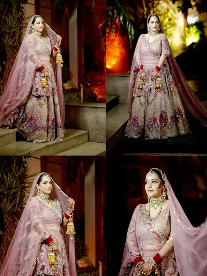 A collage of the bride's portraits in her stunning pastel lehenga, showing different angles and poses.