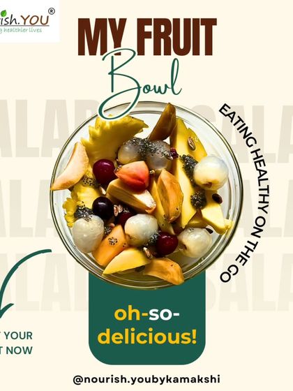 My fruit bowl is a simple and delicious way to eat healthy on the go. This one is filled with mango, lychee, and cherries, topped with chia seeds for a boost of fiber and omega-3s.