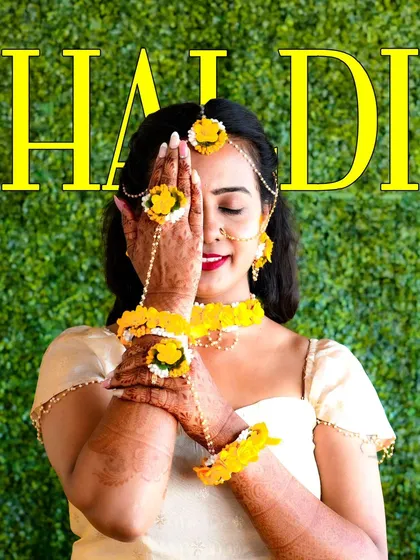 A modern and fun take on a traditional Haldi ceremony. The bride's playful pose and bright smile against the green and yellow decor show how I capture the personality of each event.