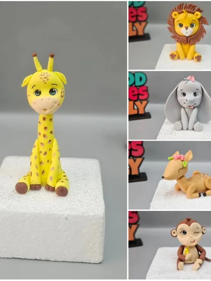 A collage of all the cute fondant animals you will learn to make in my 2-day Online Jungle Themed Cake Masterclass.