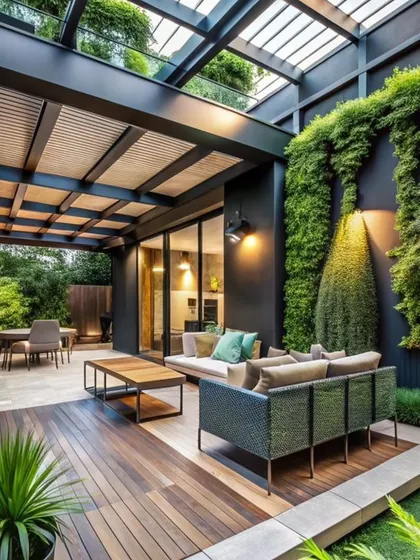 Here, we integrated a glass and rafter pergola into a modern courtyard. The design provides partial shade over the wooden deck while maintaining an open, airy feel, complemented by vertical green walls for a lush, urban oasis.
