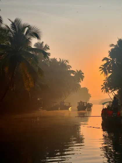 Another stunning view of the sunrise boat ride in Honnavar, with the morning mist adding to the beauty.