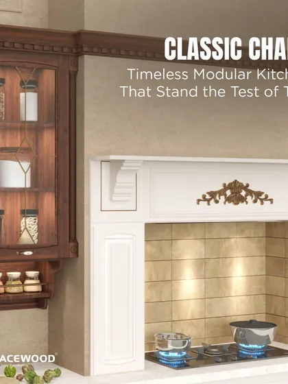 This design captures timeless classic charm. It features dark wood, glass-fronted upper cabinets with interior lighting, an ornate range hood over the hob, and a dedicated spice rack for traditional appeal and functionality.