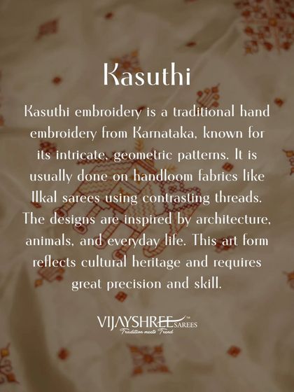 An informational graphic explaining the art of Kasuthi embroidery, a traditional hand embroidery from Karnataka.