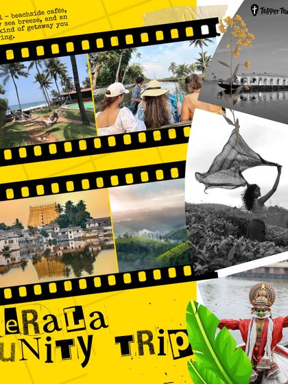 A filmstrip-style collage of a Kerala community trip. It showcases the diverse experiences, from tea plantations and temples to relaxing on the beach.