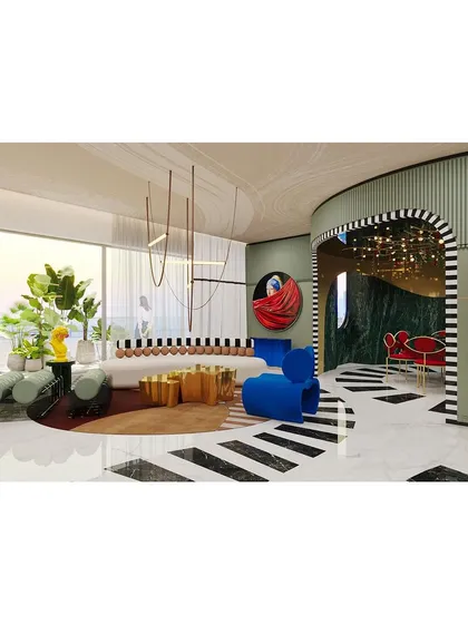 The living room of the "Whimsy Wonder" project, where a modern "Girl with a Pearl Earring" artwork overlooks a collection of sculptural furniture and a bold, striped archway.