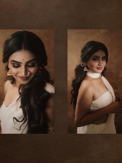 A collage of two portraits, one showing a gentle, downward gaze and the other a confident look towards the camera. This format shows different moods within the same theme.