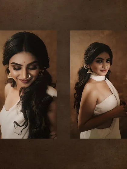 A collage of two portraits, one showing a gentle, downward gaze and the other a confident look towards the camera. This format shows different moods within the same theme.