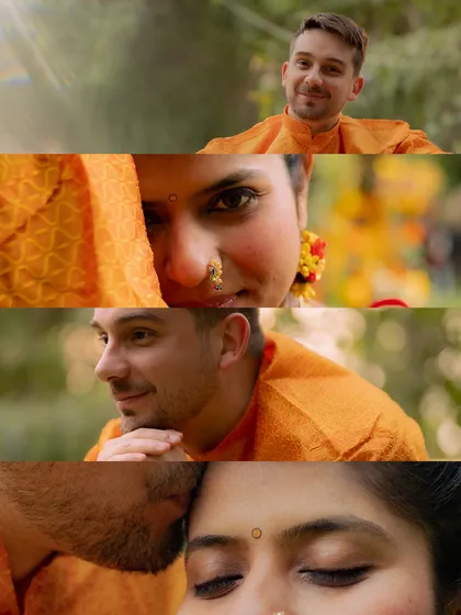 A collage of intimate moments from a Haldi shoot. It captures stolen glances, a gentle kiss, and the beautiful connection between the couple.